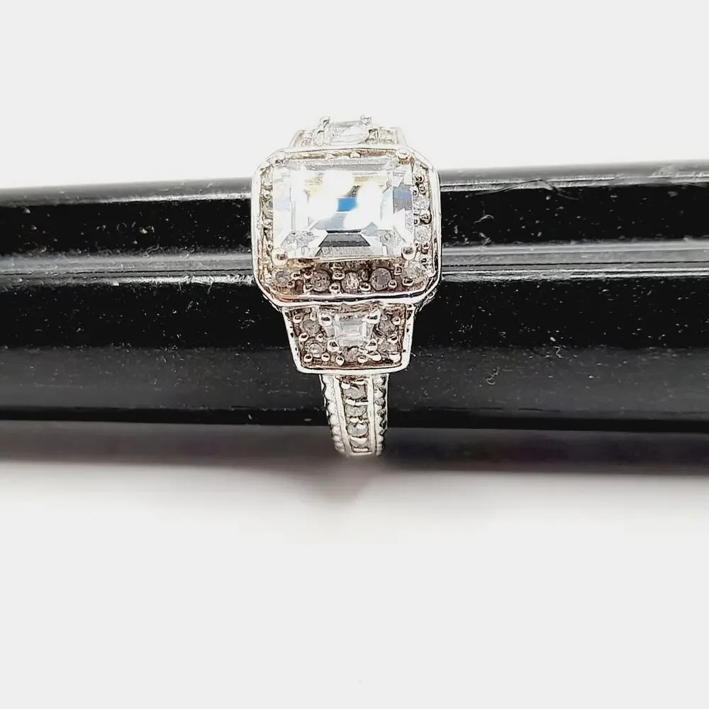 Vintage PJM 925 Sterling Silver Ring – Emerald-Cut Quartz/CZ – Size 7